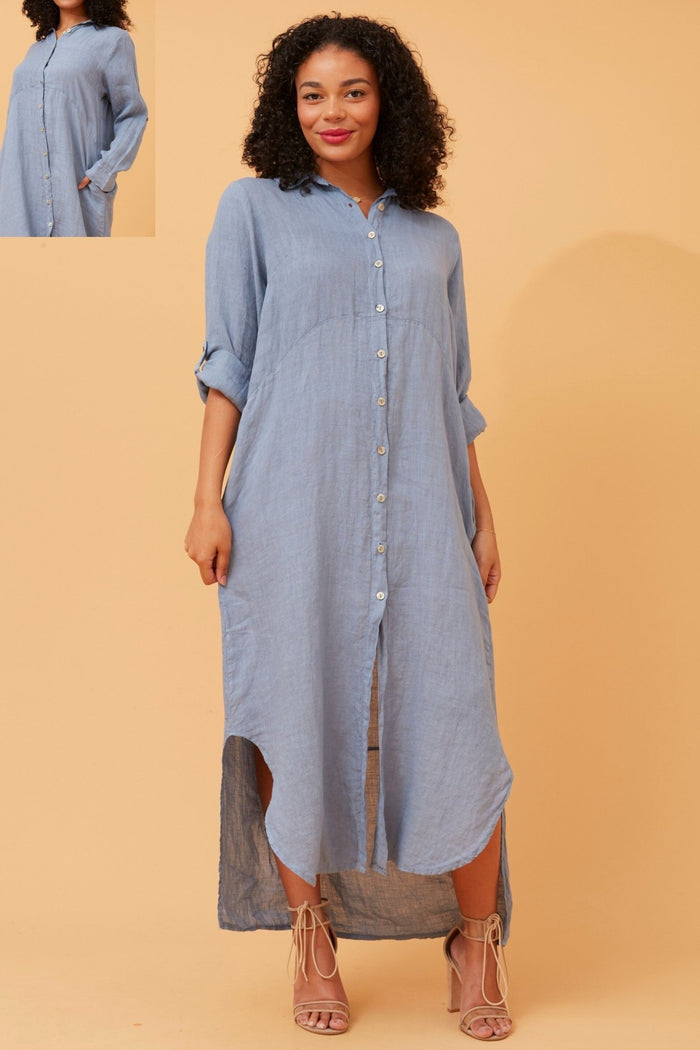 BOTTEGA MODA_BUTTON THROUGH LINEN SHIRT DRESS DENIM _ BUTTON THROUGH LINEN SHIRT DRESS DENIM _ Ebony Boutique NZ