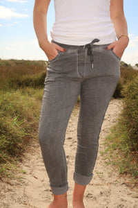 BOTTEGA MODA_DENIM DREAM VINTAGE WASH GLAM JOGGERS DARK GREY _ DENIM DREAM VINTAGE WASH GLAM JOGGERS DARK GREY _ Ebony Boutique NZ