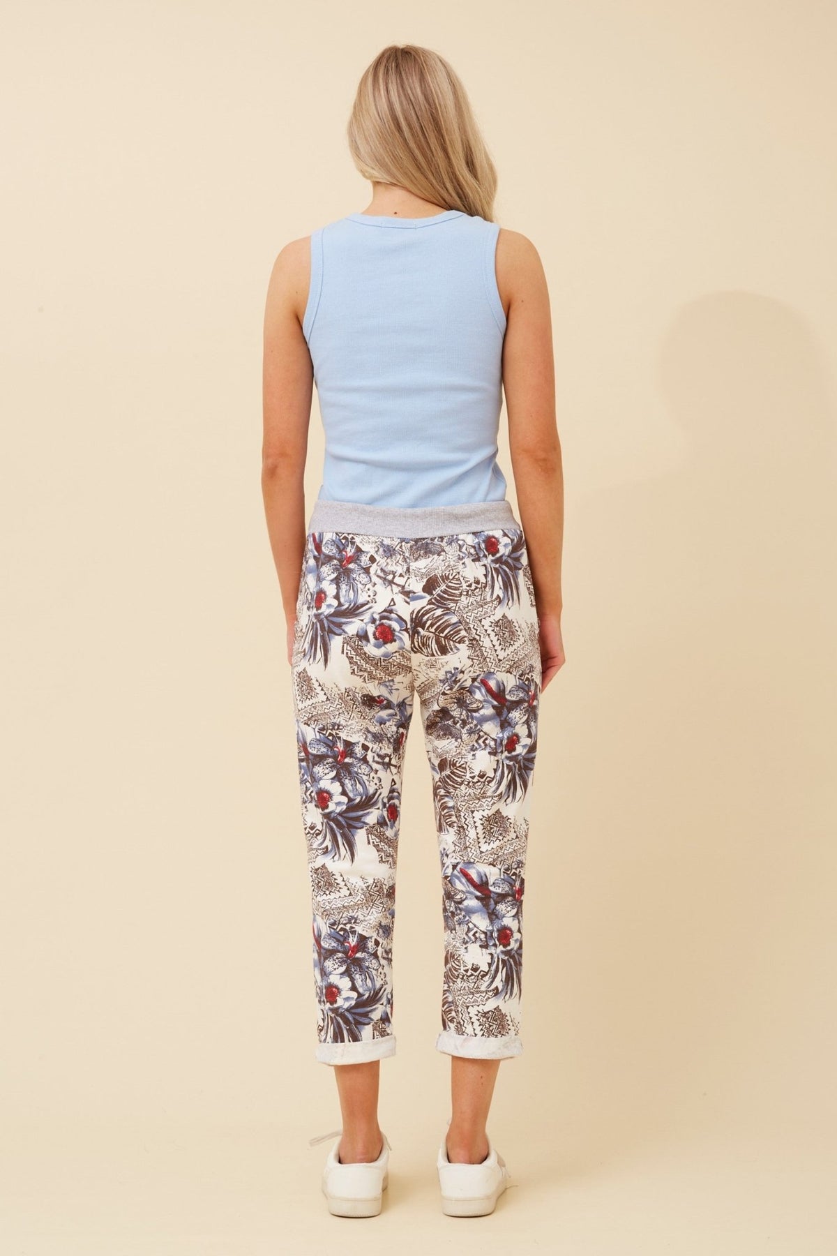 BOTTEGA MODA_FLORAL JOGGERS WHITE RED GREY BLUE _ FLORAL JOGGERS WHITE RED GREY BLUE _ Ebony Boutique NZ