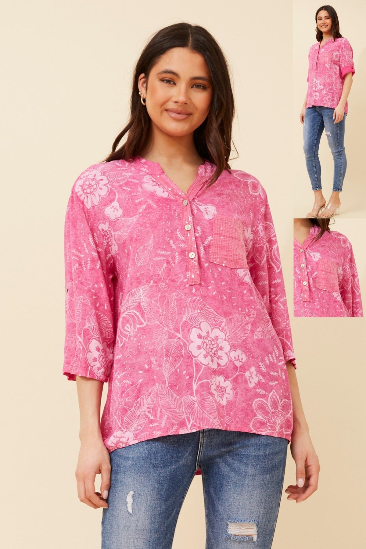 BOTTEGA MODA_FLORAL SEQUIN POCKET SHIRT FUCHSIA _ FLORAL SEQUIN POCKET SHIRT FUCHSIA _ Ebony Boutique NZ