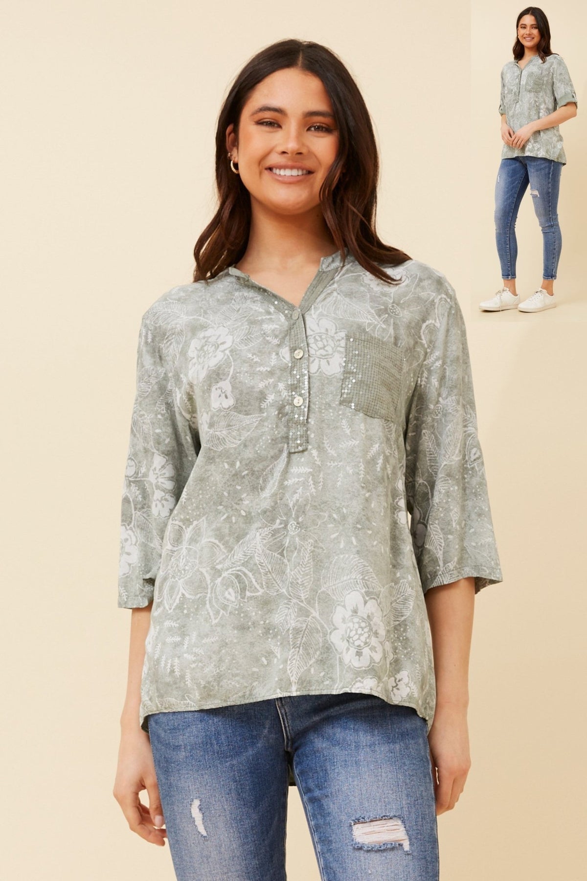 BOTTEGA MODA_FLORAL SEQUIN POCKET SHIRT SAGE _ FLORAL SEQUIN POCKET SHIRT SAGE _ Ebony Boutique NZ