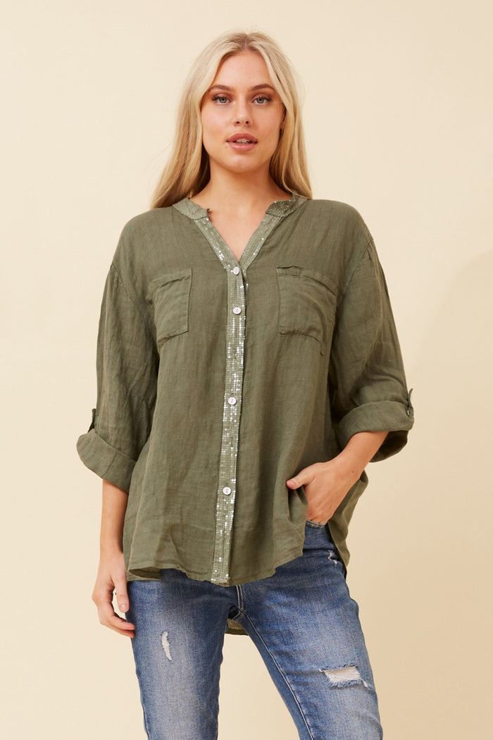 BOTTEGA MODA_KHAKI SEQUIN FRONT BAND SHIRT _ KHAKI SEQUIN FRONT BAND SHIRT _ Ebony Boutique NZ
