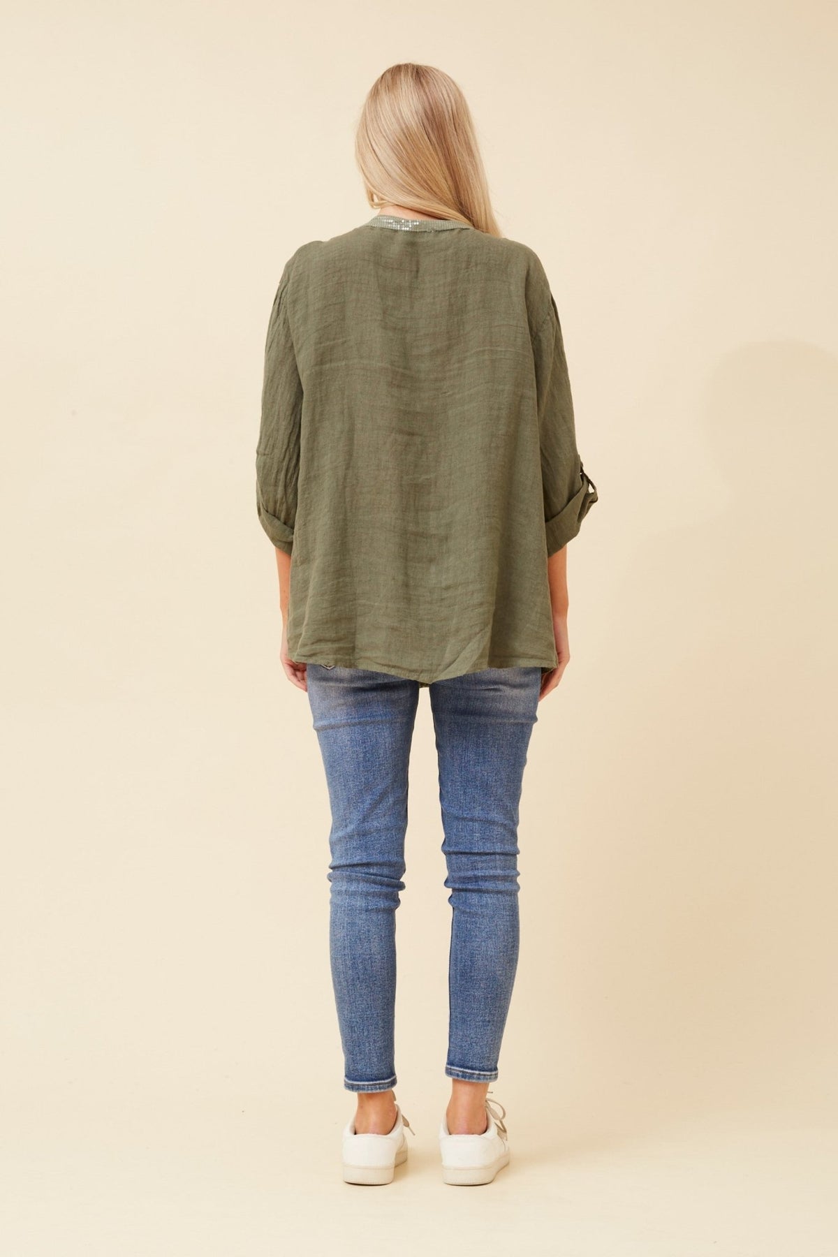 BOTTEGA MODA_KHAKI SEQUIN FRONT BAND SHIRT _ KHAKI SEQUIN FRONT BAND SHIRT _ Ebony Boutique NZ
