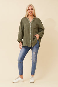 BOTTEGA MODA_KHAKI SEQUIN FRONT BAND SHIRT _ KHAKI SEQUIN FRONT BAND SHIRT _ Ebony Boutique NZ