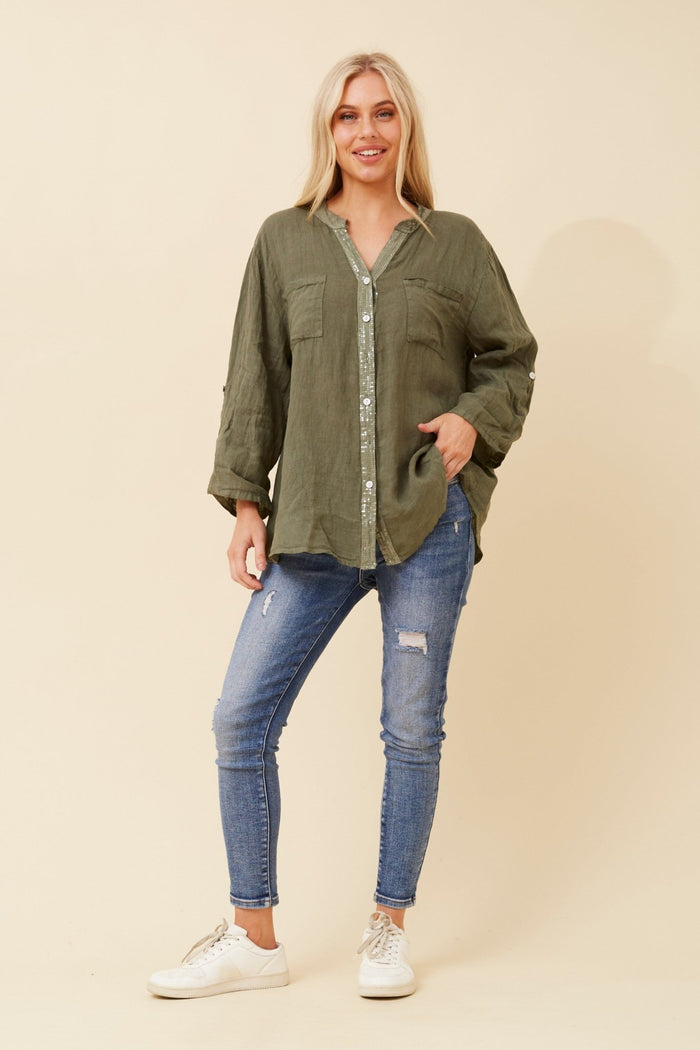 BOTTEGA MODA_KHAKI SEQUIN FRONT BAND SHIRT _ KHAKI SEQUIN FRONT BAND SHIRT _ Ebony Boutique NZ