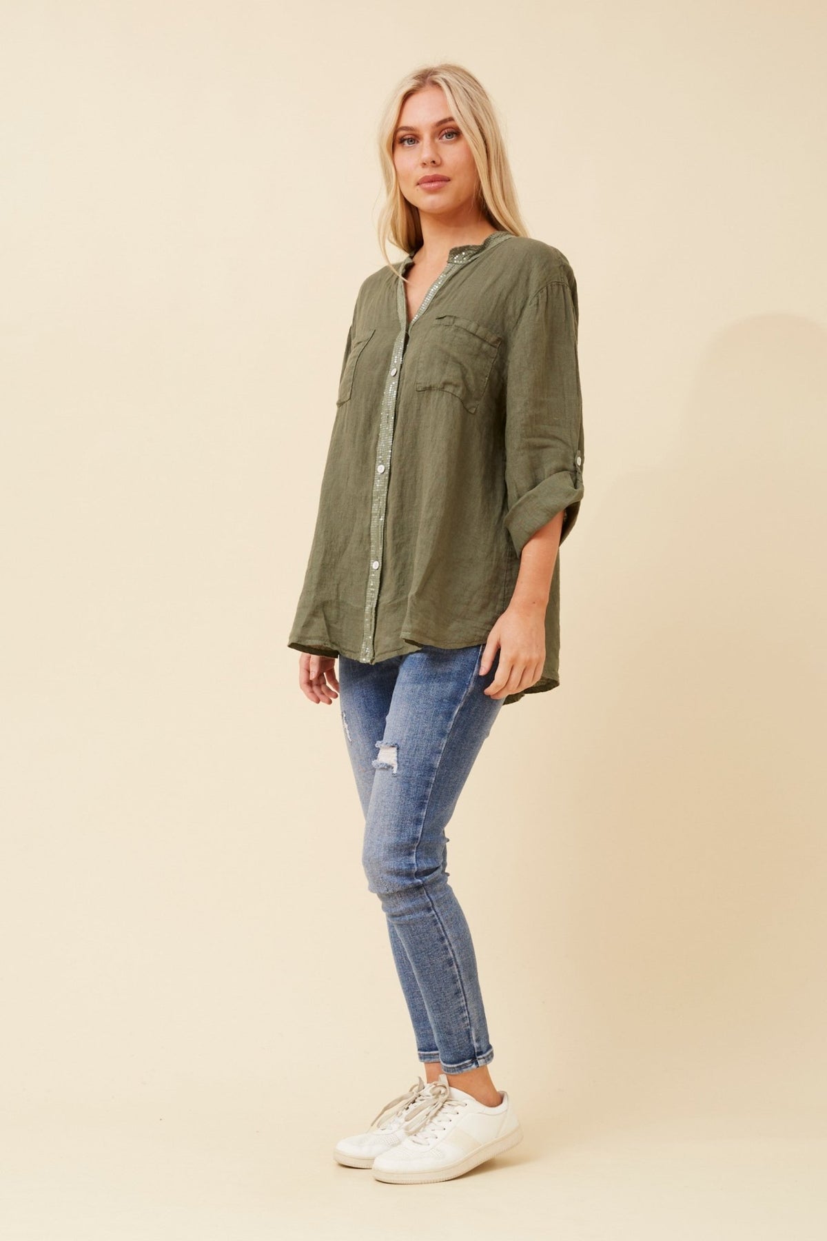 BOTTEGA MODA_KHAKI SEQUIN FRONT BAND SHIRT _ KHAKI SEQUIN FRONT BAND SHIRT _ Ebony Boutique NZ