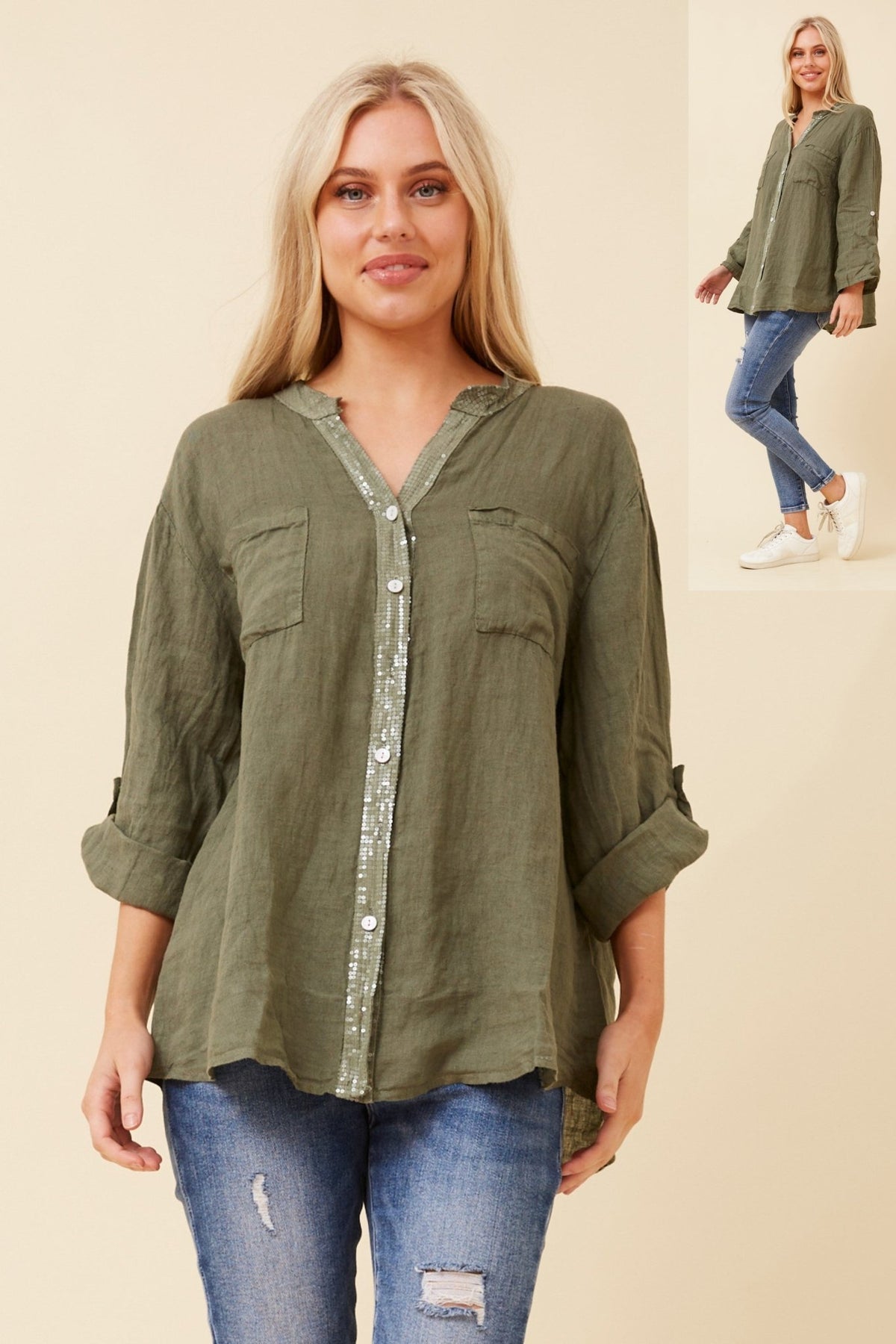 BOTTEGA MODA_KHAKI SEQUIN FRONT BAND SHIRT _ KHAKI SEQUIN FRONT BAND SHIRT _ Ebony Boutique NZ