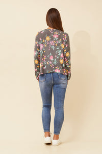 BOTTEGA MODA_PRINTED SILKY KNIT JUMPER FLORAL MULTI GREY _ PRINTED SILKY KNIT JUMPER FLORAL MULTI GREY _ Ebony Boutique NZ