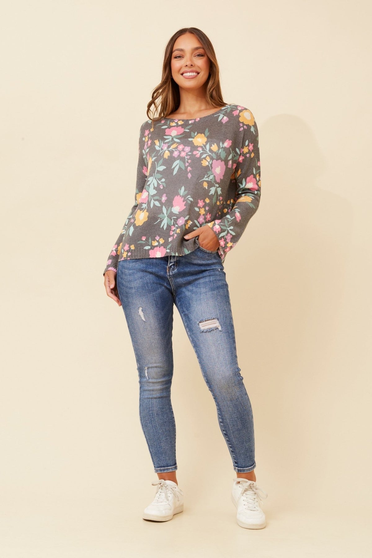 BOTTEGA MODA_PRINTED SILKY KNIT JUMPER FLORAL MULTI GREY _ PRINTED SILKY KNIT JUMPER FLORAL MULTI GREY _ Ebony Boutique NZ