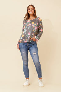 BOTTEGA MODA_PRINTED SILKY KNIT JUMPER FLORAL MULTI GREY _ PRINTED SILKY KNIT JUMPER FLORAL MULTI GREY _ Ebony Boutique NZ