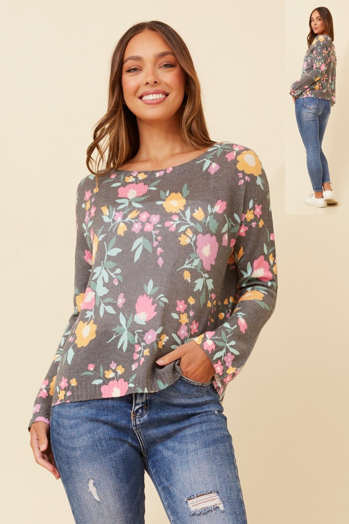 BOTTEGA MODA_PRINTED SILKY KNIT JUMPER FLORAL MULTI GREY _ PRINTED SILKY KNIT JUMPER FLORAL MULTI GREY _ Ebony Boutique NZ