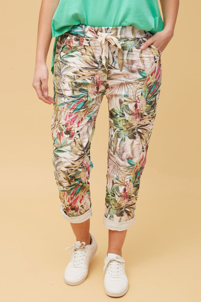 BOTTEGA MODA_STRETCH VISCOSE TIE WAIST JOGGER MULTI BEIGE _ STRETCH VISCOSE TIE WAIST JOGGER MULTI BEIGE _ Ebony Boutique NZ