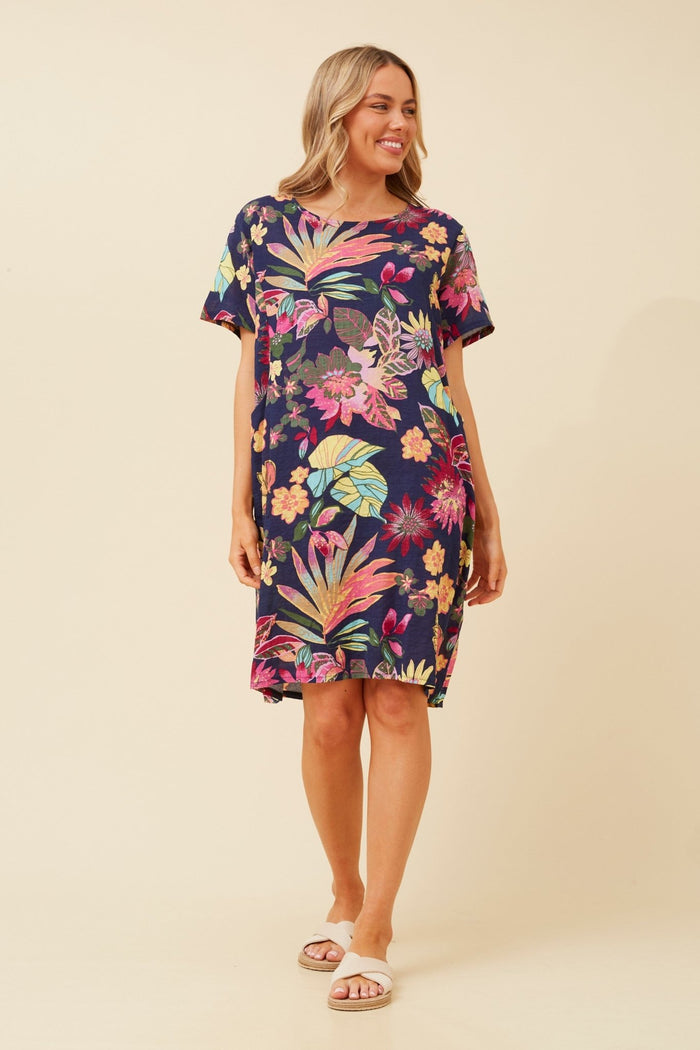 CAROLINE MORGAN_COTTON POCKET DRESS MULTI NAVY _ COTTON POCKET DRESS MULTI NAVY _ Ebony Boutique NZ