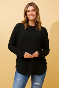 CAROLINE MORGAN_CURVED HEM LONG SLEEVE TEE BLACK _ CURVED HEM LONG SLEEVE TEE BLACK _ Ebony Boutique NZ