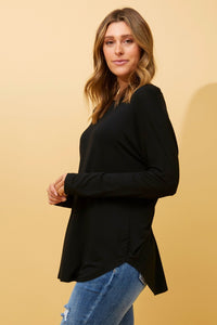 CAROLINE MORGAN_CURVED HEM LONG SLEEVE TEE BLACK _ CURVED HEM LONG SLEEVE TEE BLACK _ Ebony Boutique NZ