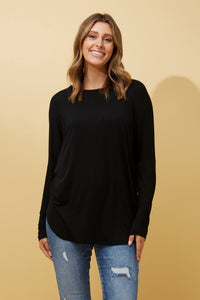 CAROLINE MORGAN_CURVED HEM LONG SLEEVE TEE BLACK _ CURVED HEM LONG SLEEVE TEE BLACK _ Ebony Boutique NZ
