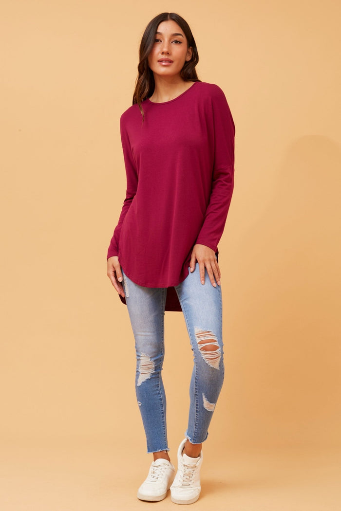 CAROLINE MORGAN_CURVED HEM LONG SLEEVE TEE MULBERRY _ CURVED HEM LONG SLEEVE TEE MULBERRY _ Ebony Boutique NZ