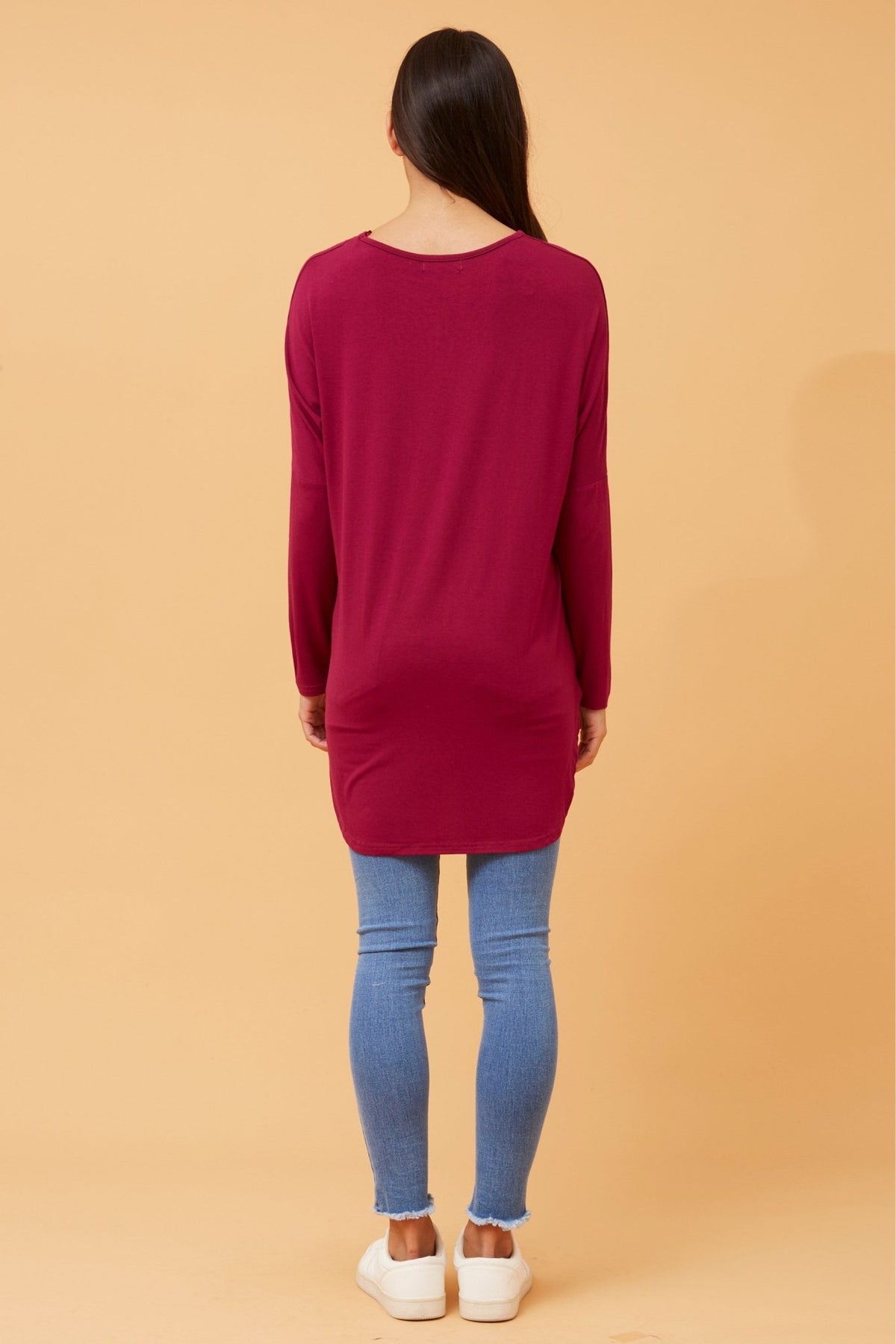 CAROLINE MORGAN_CURVED HEM LONG SLEEVE TEE MULBERRY _ CURVED HEM LONG SLEEVE TEE MULBERRY _ Ebony Boutique NZ