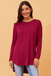 CAROLINE MORGAN_CURVED HEM LONG SLEEVE TEE MULBERRY _ CURVED HEM LONG SLEEVE TEE MULBERRY _ Ebony Boutique NZ