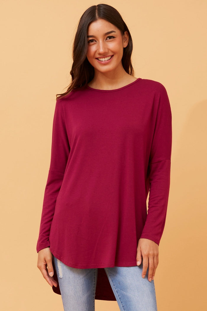 CAROLINE MORGAN_CURVED HEM LONG SLEEVE TEE MULBERRY _ CURVED HEM LONG SLEEVE TEE MULBERRY _ Ebony Boutique NZ