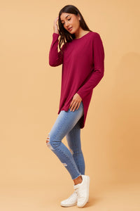 CAROLINE MORGAN_CURVED HEM LONG SLEEVE TEE MULBERRY _ CURVED HEM LONG SLEEVE TEE MULBERRY _ Ebony Boutique NZ