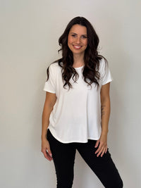 CAROLINE MORGAN_CURVED HEM SHORT SLEEVE BAMBOO TEE WHITE _ CURVED HEM SHORT SLEEVE BAMBOO TEE WHITE _ Ebony Boutique NZ