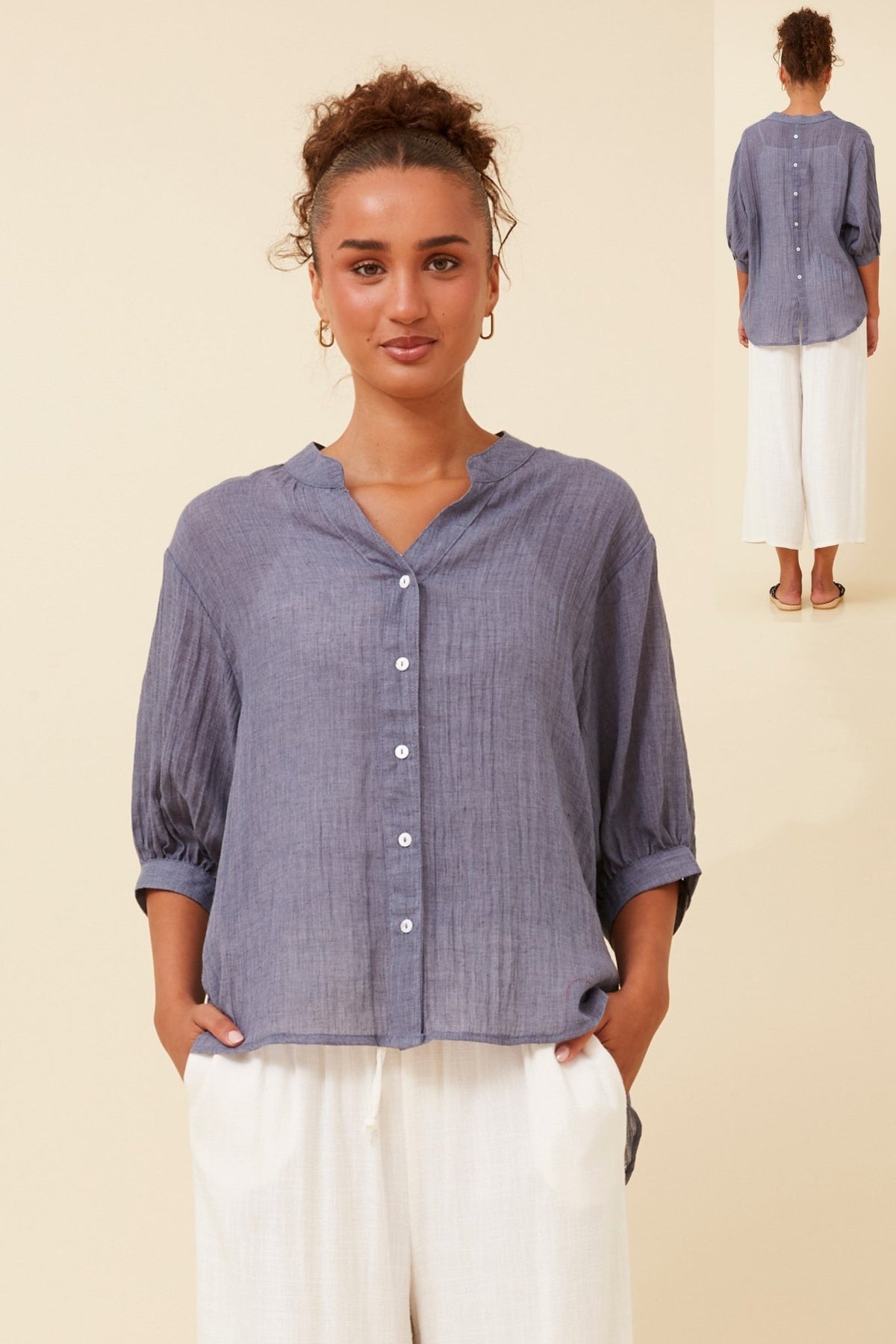 CAROLINE MORGAN_ESSENTIAL BUTTON BACK SHIRT DENIM _ ESSENTIAL BUTTON BACK SHIRT DENIM _ Ebony Boutique NZ
