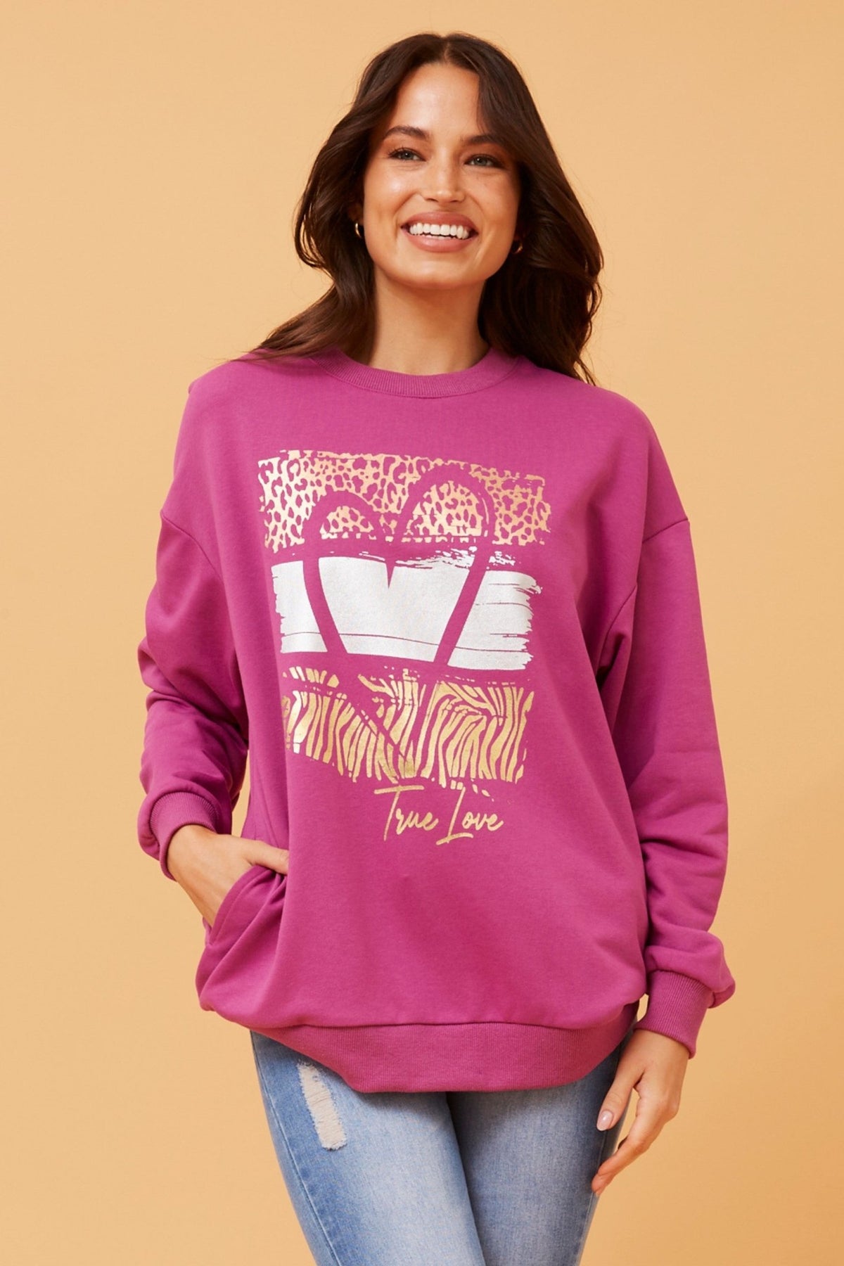 CAROLINE MORGAN_GRAPHIC PRINT SWEATER ORCHID _ GRAPHIC PRINT SWEATER ORCHID _ Ebony Boutique NZ