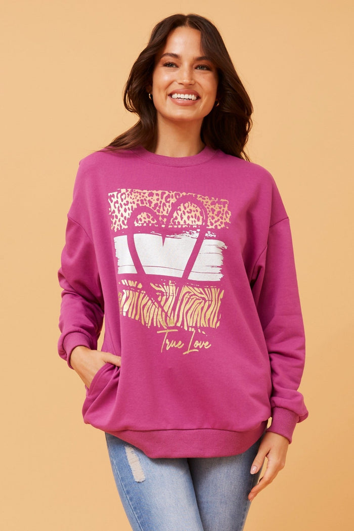CAROLINE MORGAN_GRAPHIC PRINT SWEATER ORCHID _ GRAPHIC PRINT SWEATER ORCHID _ Ebony Boutique NZ