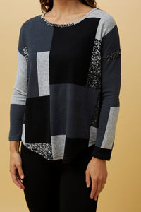 CAROLINE MORGAN_PATCHWORK PRINT KNIT TOP BLACK/GREY _ PATCHWORK PRINT KNIT TOP BLACK/GREY _ Ebony Boutique NZ