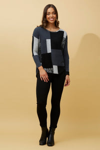 CAROLINE MORGAN_PATCHWORK PRINT KNIT TOP BLACK/GREY _ PATCHWORK PRINT KNIT TOP BLACK/GREY _ Ebony Boutique NZ