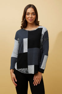 CAROLINE MORGAN_PATCHWORK PRINT KNIT TOP BLACK/GREY _ PATCHWORK PRINT KNIT TOP BLACK/GREY _ Ebony Boutique NZ