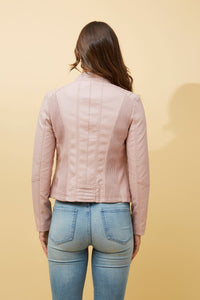 CAROLINE MORGAN_ZIP UP VEGAN LEATHER JACKET WITH RIB PANELS PINK _ ZIP UP VEGAN LEATHER JACKET WITH RIB PANELS PINK _ Ebony Boutique NZ