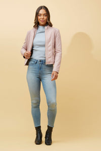 CAROLINE MORGAN_ZIP UP VEGAN LEATHER JACKET WITH RIB PANELS PINK _ ZIP UP VEGAN LEATHER JACKET WITH RIB PANELS PINK _ Ebony Boutique NZ