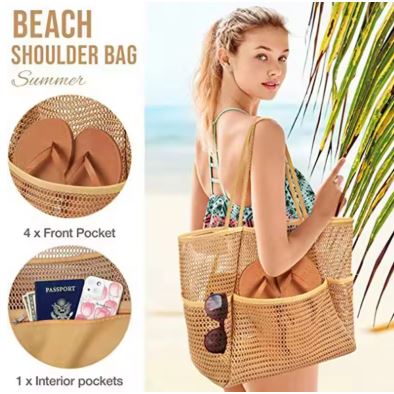 DUNE ROAD_BEACH BAG MESH WITH POCKETS NATURAL _ BEACH BAG MESH WITH POCKETS NATURAL _ Ebony Boutique NZ