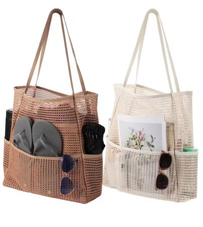DUNE ROAD_BEACH BAG MESH WITH POCKETS NATURAL _ BEACH BAG MESH WITH POCKETS NATURAL _ Ebony Boutique NZ