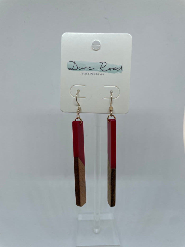 DUNE ROAD_WOOD RESIN EARRINGS RECTANGULAR HOOK RED _ WOOD RESIN EARRINGS RECTANGULAR HOOK RED _ Ebony Boutique NZ
