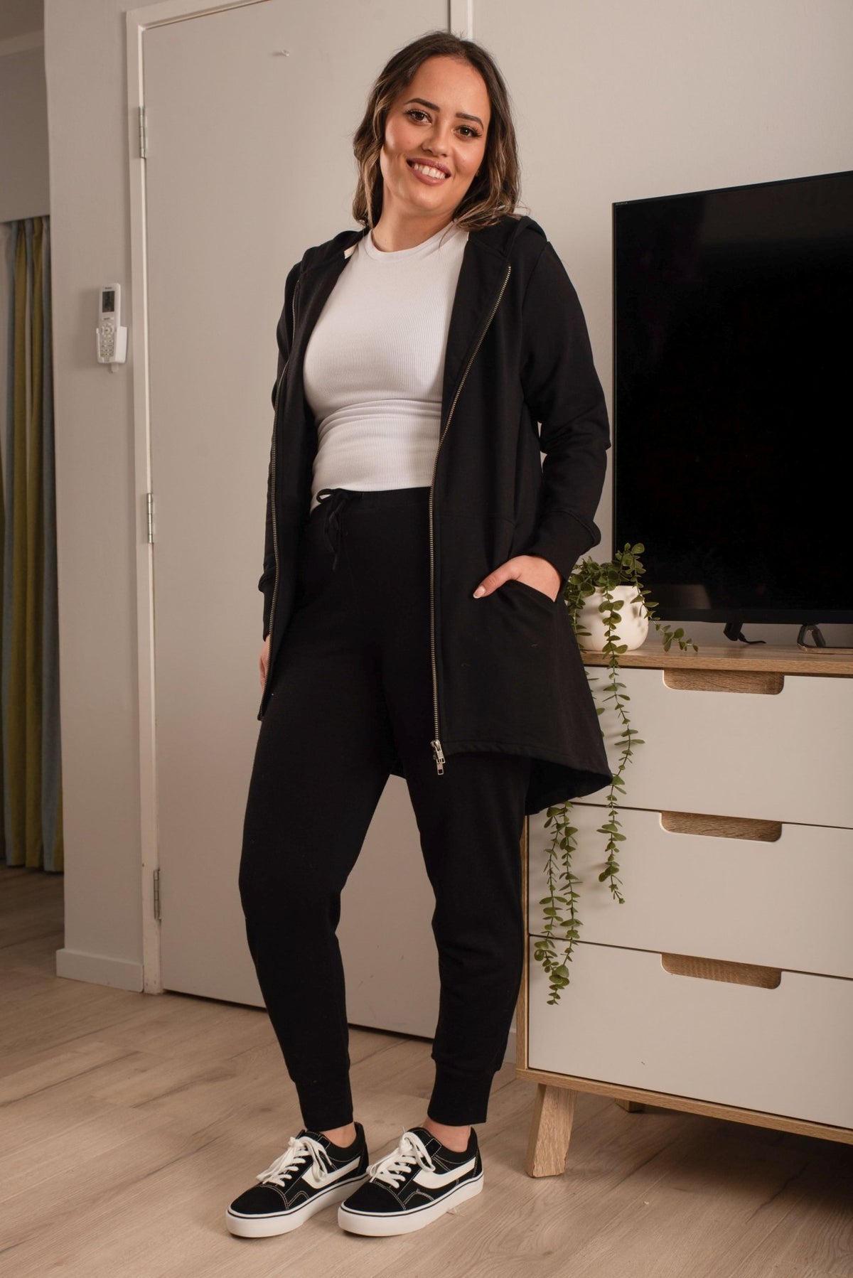 EBONY_HOODIE 2 WAY ZIP CARDI JACKET EBAS551BLK _ HOODIE 2 WAY ZIP CARDI JACKET EBAS551BLK _ Ebony Boutique NZ