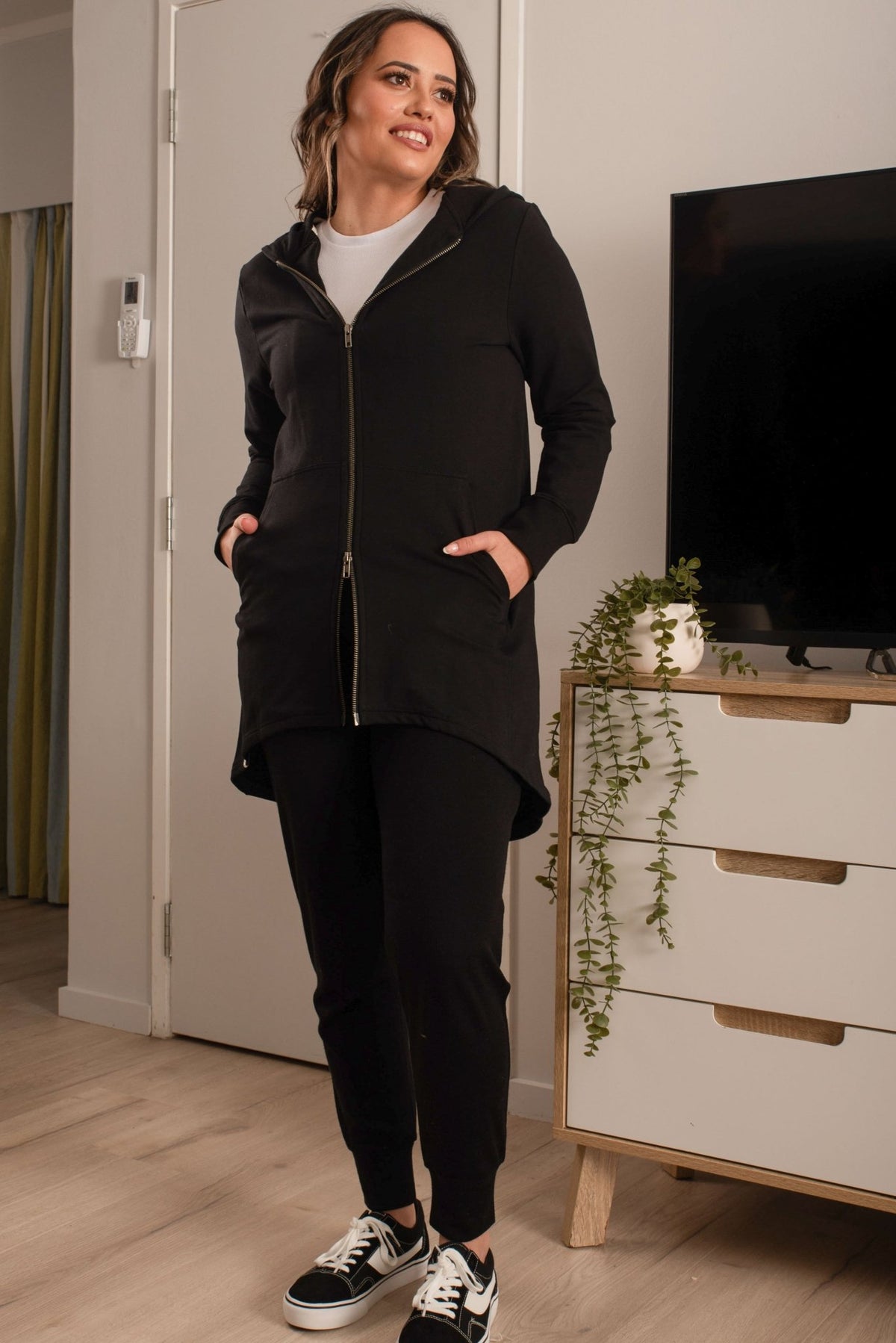 EBONY_HOODIE 2 WAY ZIP CARDI JACKET EBAS551BLK _ HOODIE 2 WAY ZIP CARDI JACKET EBAS551BLK _ Ebony Boutique NZ