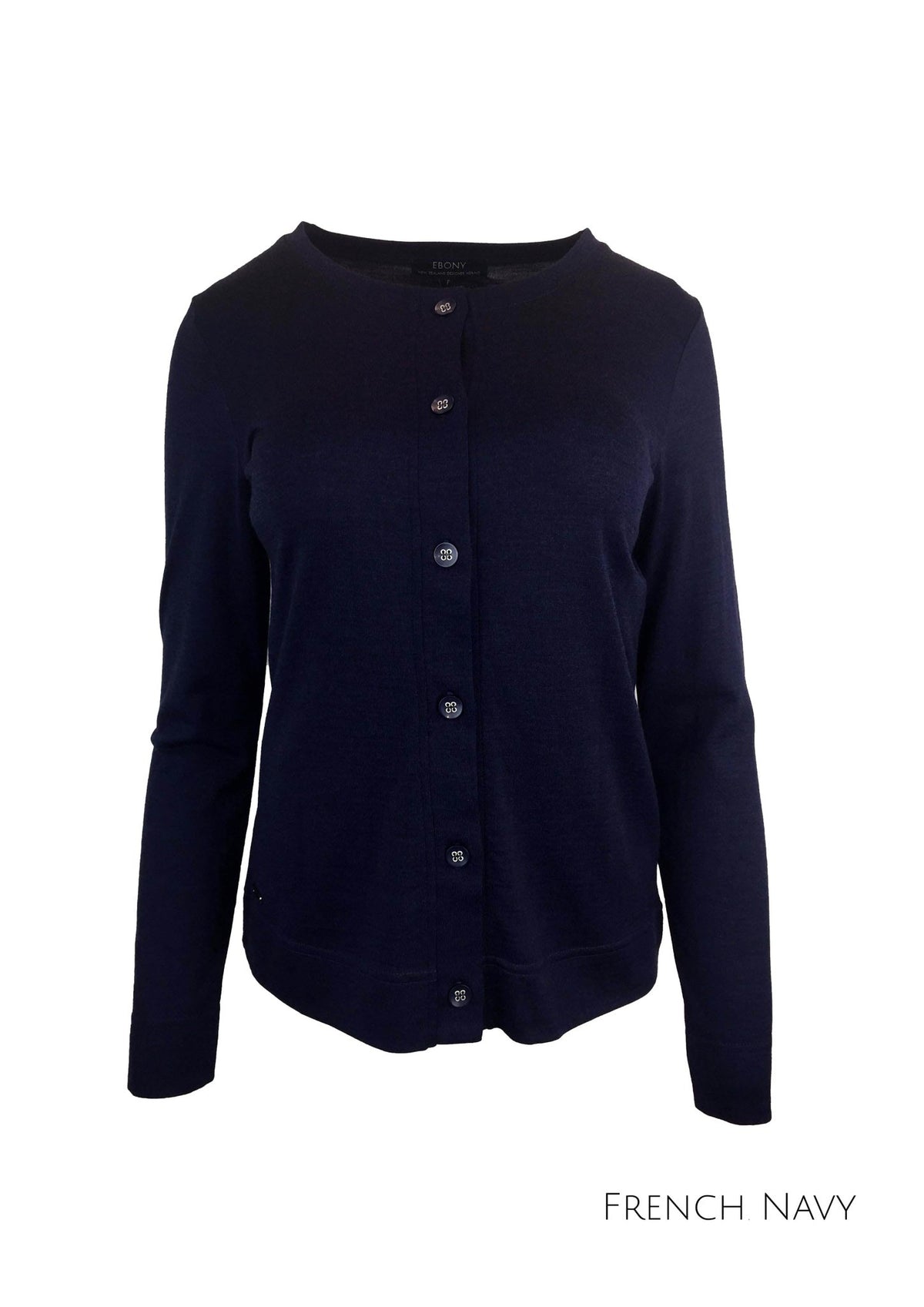 EBONY_MERINO BUTTON CARDIGAN WOMENS LONG SLEEVES CREW NECK FRENCH NAVY _ MERINO BUTTON CARDIGAN WOMENS LONG SLEEVES CREW NECK FRENCH NAVY _ Ebony Boutique NZ