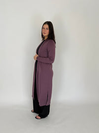 EBONY_MERINO ELONGATED LONGLINE CARDIGAN WITH SPLIT HEM LONG SLEEVES AMETHYST _ MERINO ELONGATED LONGLINE CARDIGAN WITH SPLIT HEM LONG SLEEVES AMETHYST _ Ebony Boutique NZ