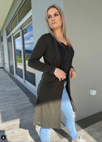 EBONY_MERINO ELONGATED LONGLINE CARDIGAN WITH SPLIT HEM LONG SLEEVES KHAKI _ MERINO ELONGATED LONGLINE CARDIGAN WITH SPLIT HEM LONG SLEEVES KHAKI _ Ebony Boutique NZ