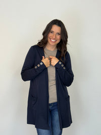 EBONY_MERINO LONG CARDIGAN WITH POCKETS & BUTTON CUFF/HEM LONG SLEEVES FRENCH NAVY _ MERINO LONG CARDIGAN WITH POCKETS & BUTTON CUFF/HEM LONG SLEEVES FRENCH NAVY _ Ebony Boutique NZ