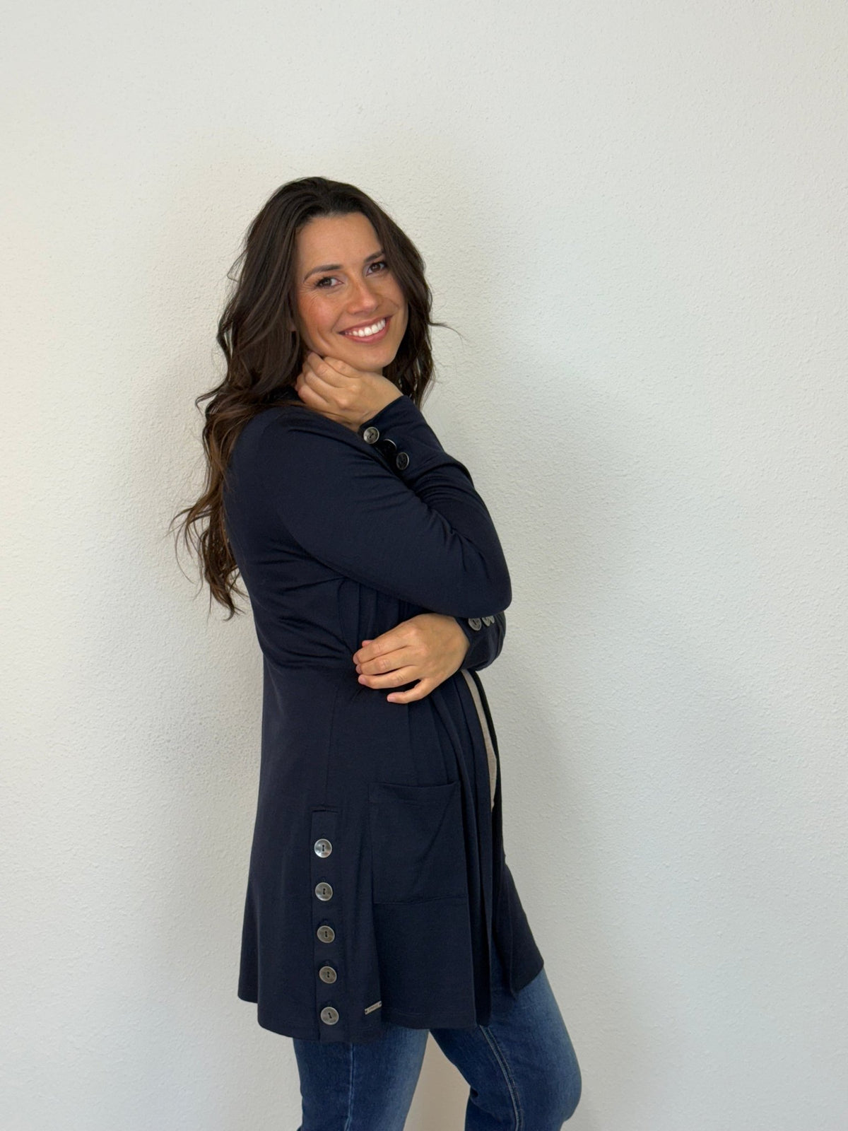 EBONY_MERINO LONG CARDIGAN WITH POCKETS & BUTTON CUFF/HEM LONG SLEEVES FRENCH NAVY _ MERINO LONG CARDIGAN WITH POCKETS & BUTTON CUFF/HEM LONG SLEEVES FRENCH NAVY _ Ebony Boutique NZ