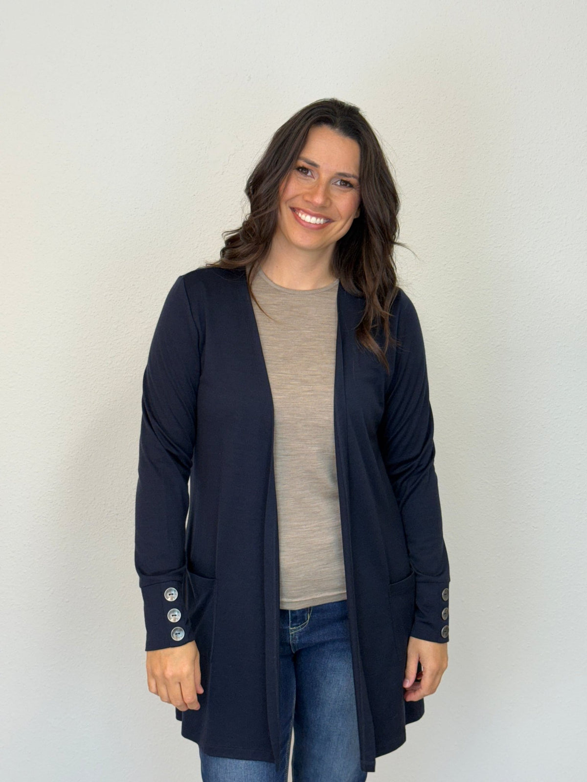 EBONY_MERINO LONG CARDIGAN WITH POCKETS & BUTTON CUFF/HEM LONG SLEEVES FRENCH NAVY _ MERINO LONG CARDIGAN WITH POCKETS & BUTTON CUFF/HEM LONG SLEEVES FRENCH NAVY _ Ebony Boutique NZ