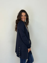 EBONY_MERINO LONG CARDIGAN WITH POCKETS & BUTTON CUFF/HEM LONG SLEEVES FRENCH NAVY _ MERINO LONG CARDIGAN WITH POCKETS & BUTTON CUFF/HEM LONG SLEEVES FRENCH NAVY _ Ebony Boutique NZ