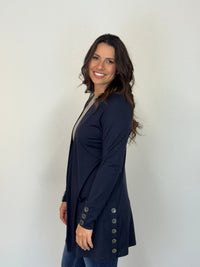 EBONY_MERINO LONG CARDIGAN WITH POCKETS & BUTTON CUFF/HEM LONG SLEEVES FRENCH NAVY _ MERINO LONG CARDIGAN WITH POCKETS & BUTTON CUFF/HEM LONG SLEEVES FRENCH NAVY _ Ebony Boutique NZ