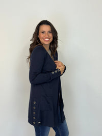 EBONY_MERINO LONG CARDIGAN WITH POCKETS & BUTTON CUFF/HEM LONG SLEEVES FRENCH NAVY _ MERINO LONG CARDIGAN WITH POCKETS & BUTTON CUFF/HEM LONG SLEEVES FRENCH NAVY _ Ebony Boutique NZ
