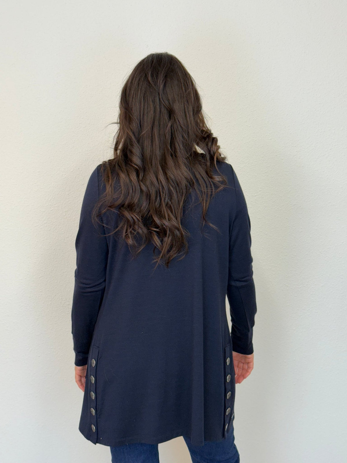 EBONY_MERINO LONG CARDIGAN WITH POCKETS & BUTTON CUFF/HEM LONG SLEEVES FRENCH NAVY _ MERINO LONG CARDIGAN WITH POCKETS & BUTTON CUFF/HEM LONG SLEEVES FRENCH NAVY _ Ebony Boutique NZ
