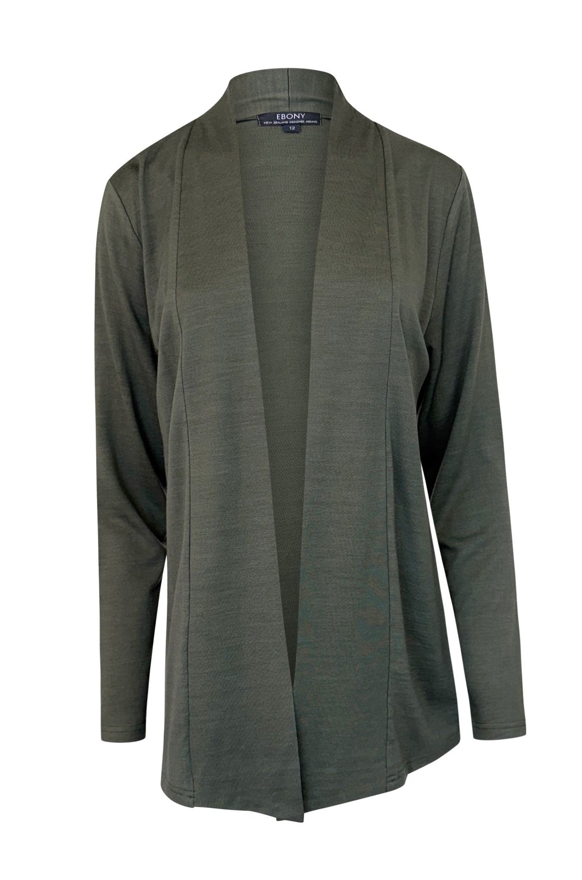 EBONY_MERINO MID LENGTH EDGE TO EDGE WOMENS CARDIGAN KHAKI _ MERINO MID LENGTH EDGE TO EDGE WOMENS CARDIGAN KHAKI _ Ebony Boutique NZ